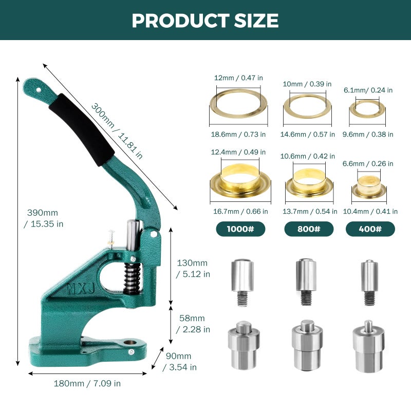 BEAMNOVA Grommet Tool Kit Hand Press Eyelet Setter Machine 1/4, 3/8, 1/2 Inch (6, 10, 12 mm) Setting Dies, 1500 Golden Grommets - Image 3